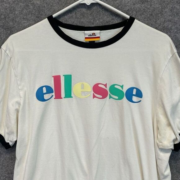 Vintage ELLESSE T-Shirt Men's Large White Big Logo Trashed Moa Ringer Graphic - Picture 3 of 16